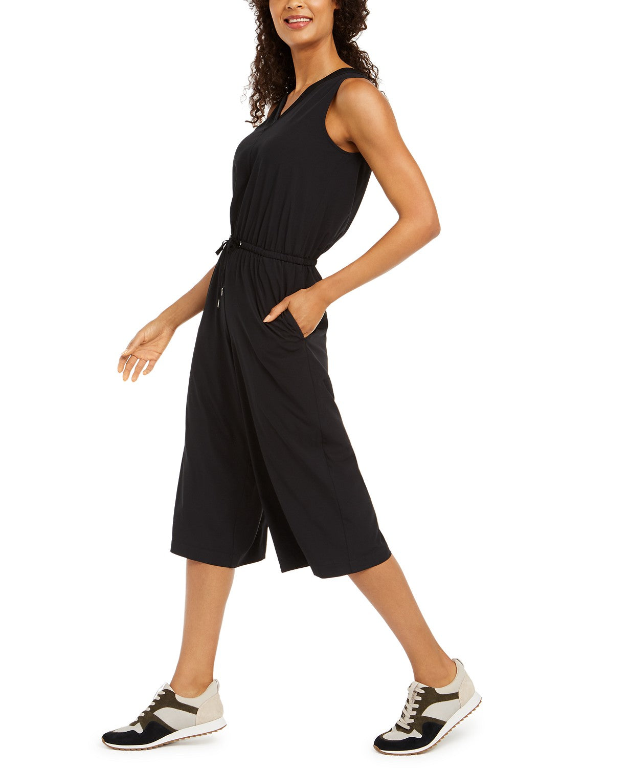 Ideology Womens V-Neck Cropped Jumpsuit Color Deep Black