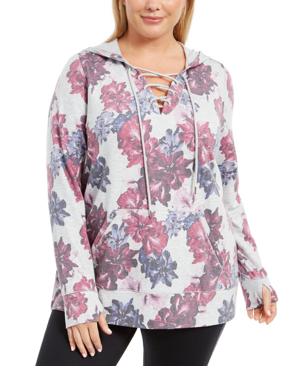 Ideology Womens Plus Size Floral-Print Lace-Up Hoodie Color Print Grey