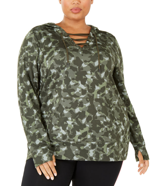 Ideology Womens Plus Size Camouflage Lace Up Hoodie