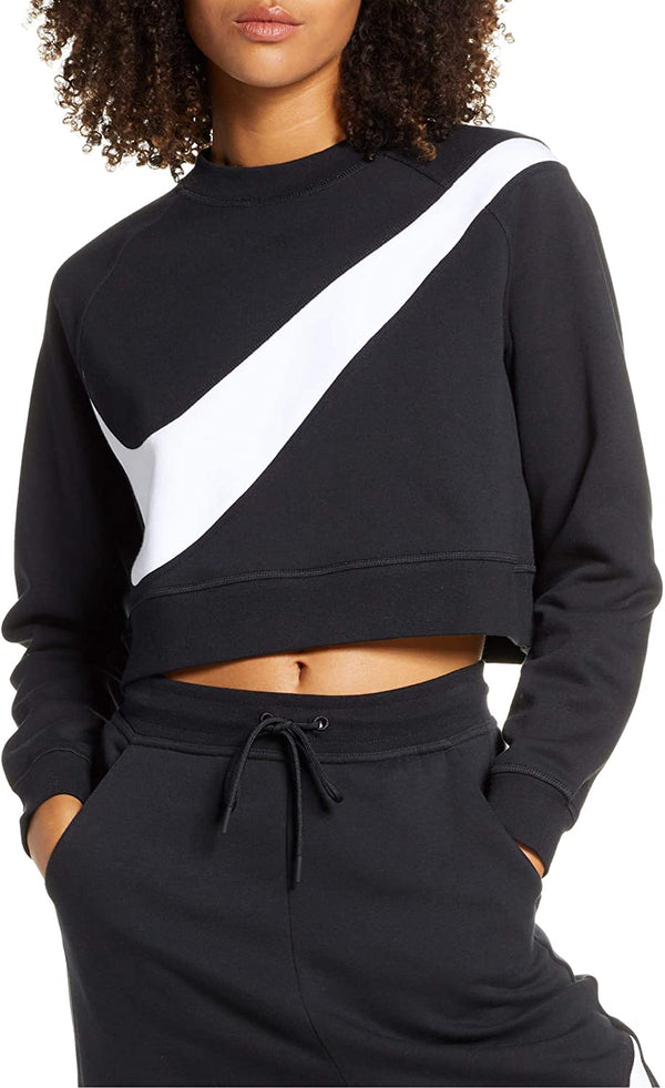 Nike Women's Sportswear Swoosh Fleece Crew Sweatshirt (L, Black/White)
