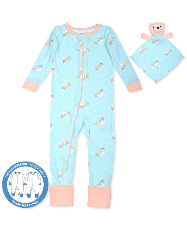 Max & Olivia Infant Girls Unicorn Print Pajama And Bear Blankie Buddy Set