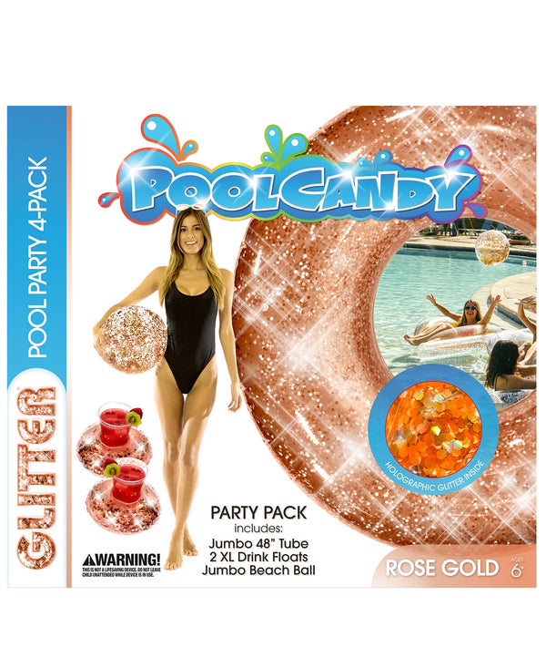 Glitter Brooke and Dylan Pool Candy Pool Party 4 Pack- 1 - 48" Tube, 2 - Drink Floats and 1 - Beach Ball- Rose Gold