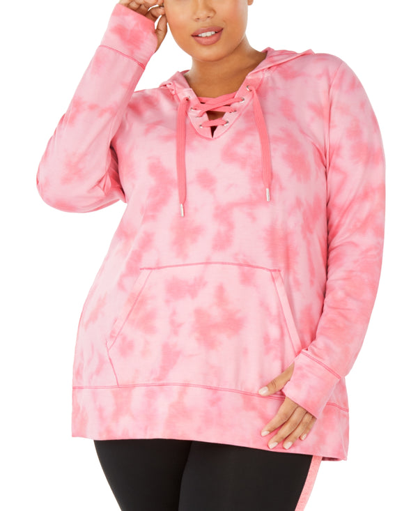 Ideology Womens Plus Size Tie-Dyed Lace Up Hoodie Color Spring Tulip
