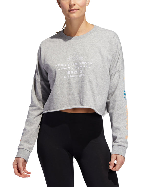 Adidas Womens Global Graphic Cropped Sweatshirt Color Medium Grey Heather