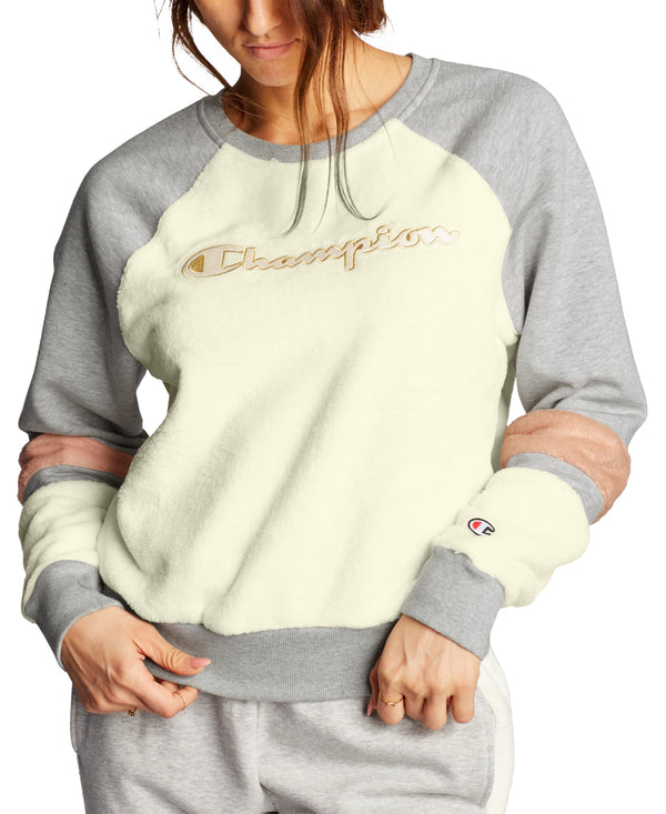Champion Womens Super Fleece Faux-fur Colorblocked Metallic-logo Sweatshirt