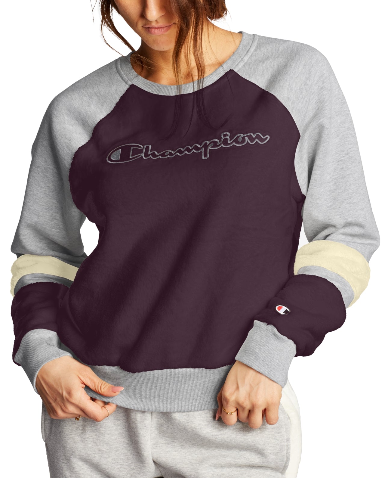Champion Womens Super Fleece Faux-fur Colorblocked Metallic-logo Sweatshirt