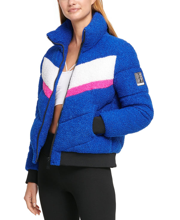 DKNY Womens Colorblocked Sherpa Puffer Jacket