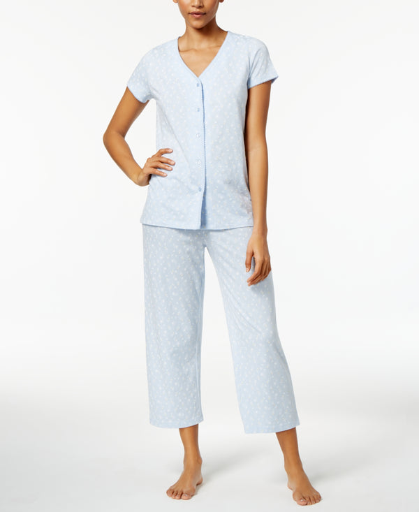 Charter Club Womens Short Sleeve Top and Cropped Pant Cotton Pajama Set
