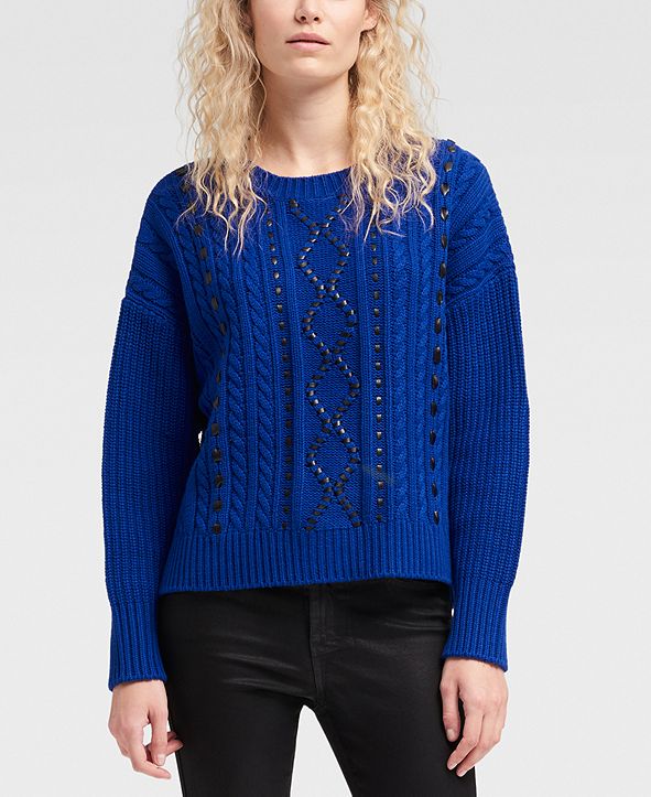 DKNY Womens Faux Leather Cable Knit Sweater