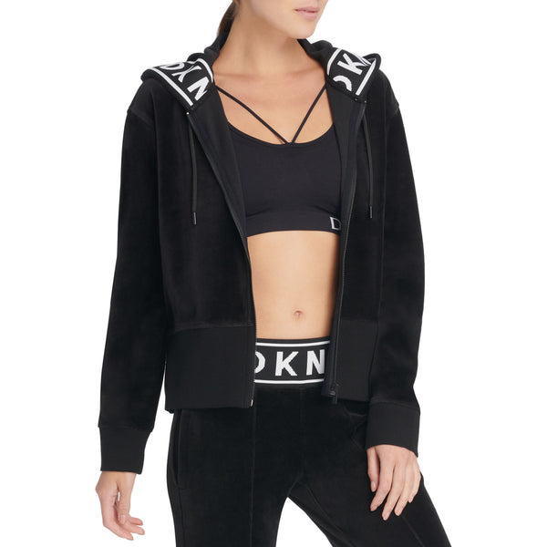 DKNY Womens Sport Logo-Cuff Zip Hoodie Color Black