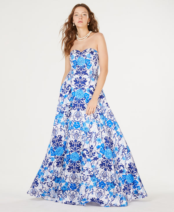 Say Yes to the Prom Junior Girls Printed Rhinestone Strapless Gown