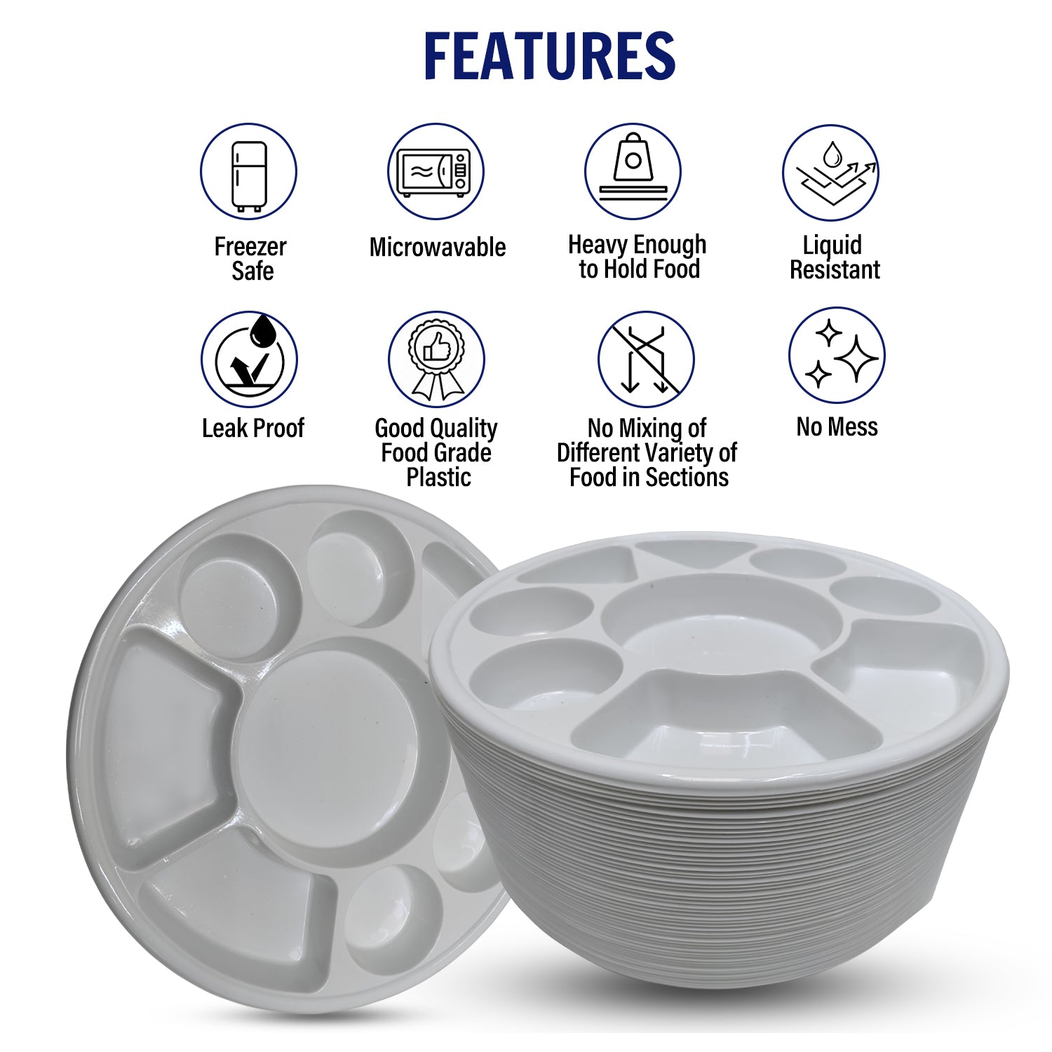 Clubgarga Disposable Plastic Plates Heavy Duty 9 Compartment Round White Coloured Reusable Plate Made Of Premium Quality Food Grade Plastic