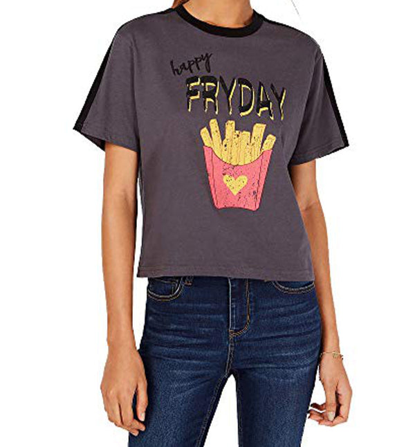 Rebellious One Juniors Fryday Crop Graphic Ringer T-Shirt,Charcoal,Large
