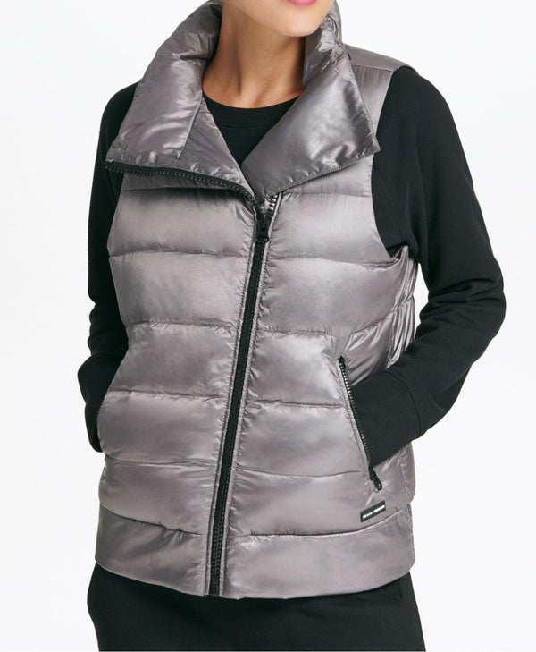 DKNY Womens Asymmetrical Zip Down Filled Vest,Granite,X-Small
