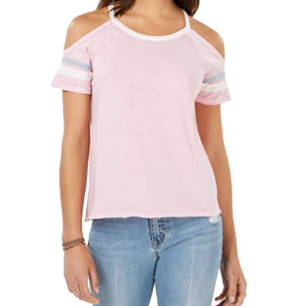 Hippie Rose Juniors Cold Shoulder Football T-Shirt,Mauve/Aqua Combo,Small