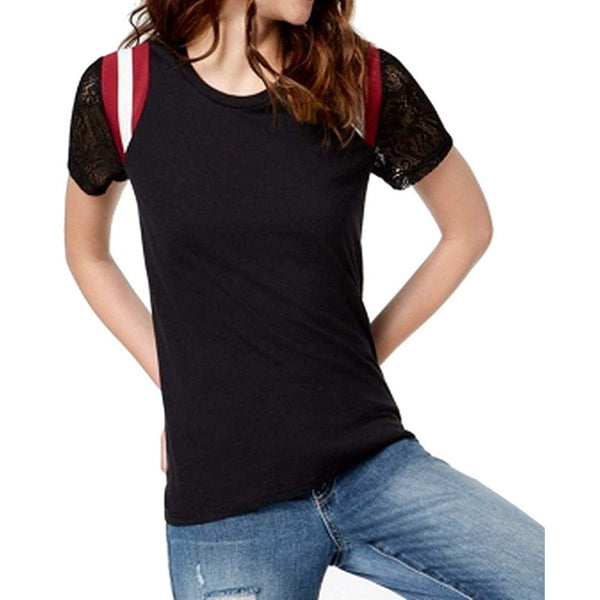 Rebellious One Juniors Lace Sleeve Striped Shoulder Top,Black,Medium