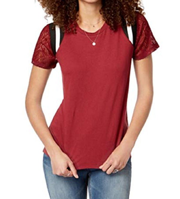 Rebellious One Juniors Lace Sleeve Striped Shoulder Top,Maroon,Small