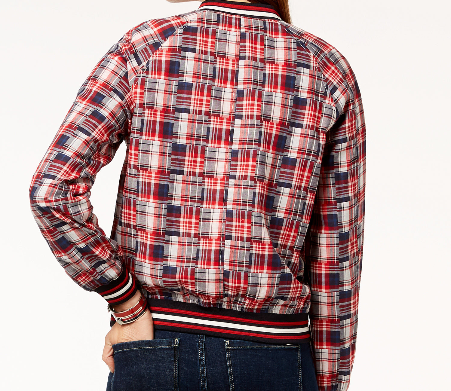Tommy Hilfiger Womens Cotton Patchwork Plaid Varsity Jacket