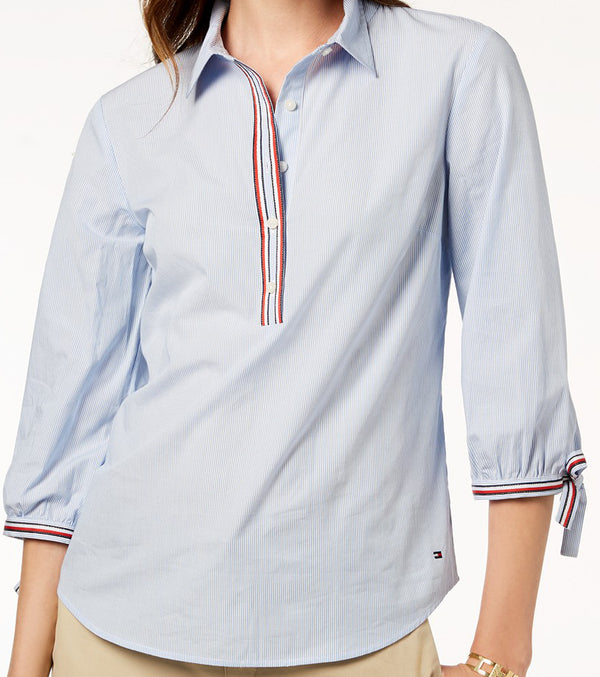 Tommy Hilfiger Womens Cotton Contrast Trim Striped Shirt