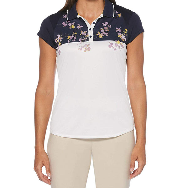 Pga Tour Womens Floral Print Colorblocked Golf Polo T-Shirt