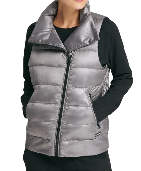 DKNY Womens Asymmetrical Zip Down Filled Vest,Granite,Medium