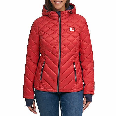 Tommy Hilfiger Womens Packable Hooded Puffer Jacket,Crimson,Medium