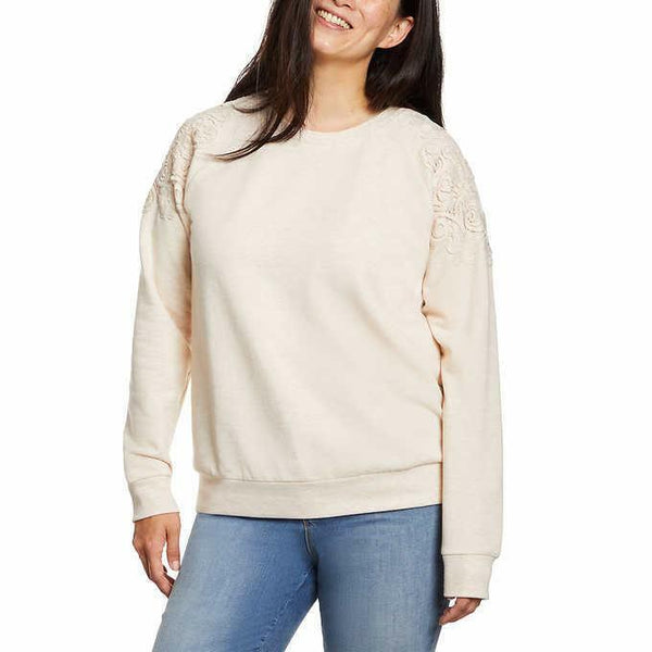 Gloria Vanderbilt Womens Crew Neck Pullover With Lace,Oatmeal,Small